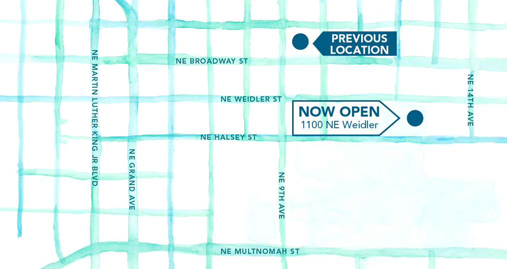 Artistic rendered map of Lloyd Center area showing former OnPoint Lloyd Center branch location and new location.