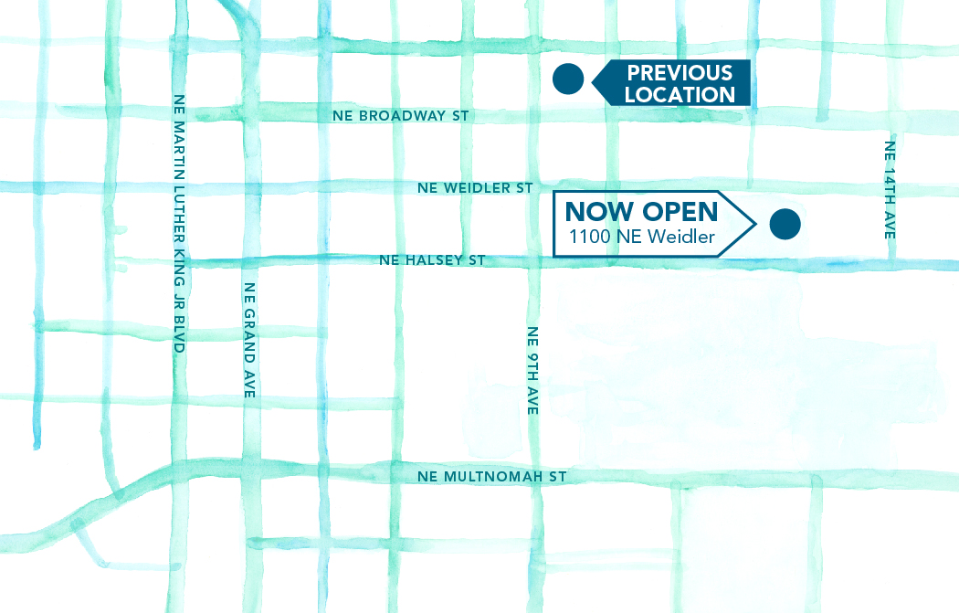 Artistic rendered map of Lloyd Center area showing former OnPoint Lloyd Center branch location and new location.
