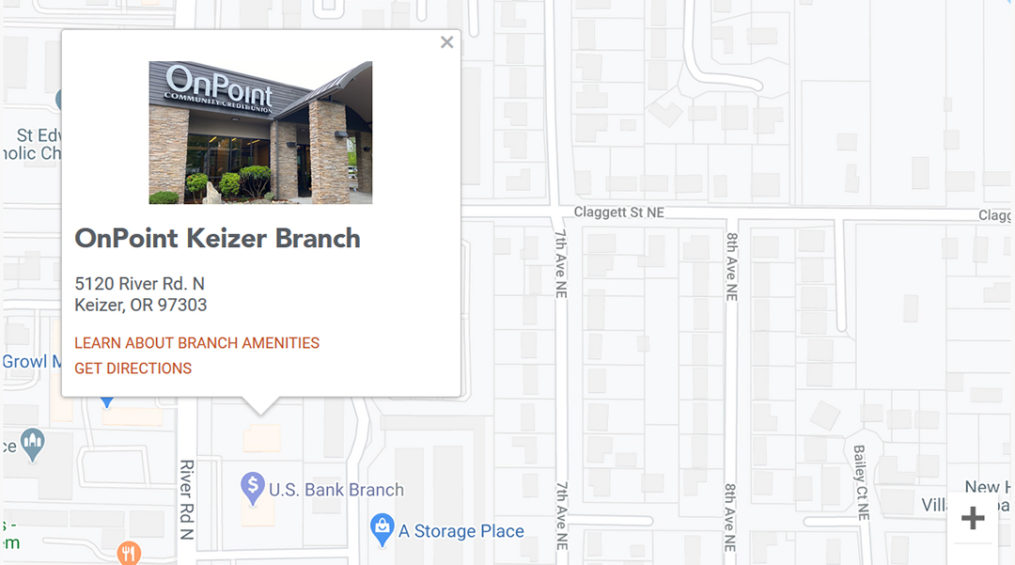 Image of Google map with Keizer branch exterior image.