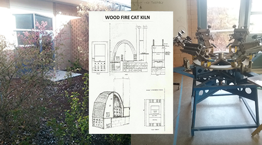 three-part image showing diagram of proposed kiln, where the kiln will be placed, and the shop where the kiln will be built