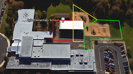 Overhead view of Lyle outdoor area, where recess area would be redesigned.