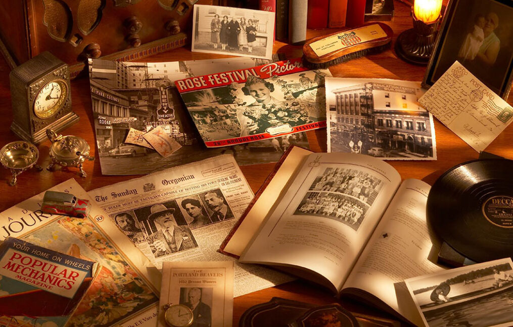 Image of books, newspaper and artifacts from the 1930s