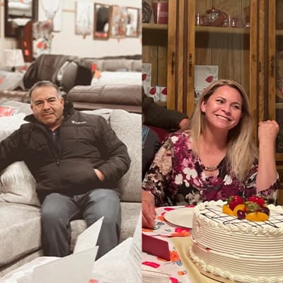 Collage of two people one man sitting on a couch and a woman smiling near cake