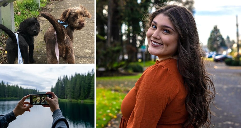 Collage of Yasmin Arenas with her two dogs and hiking