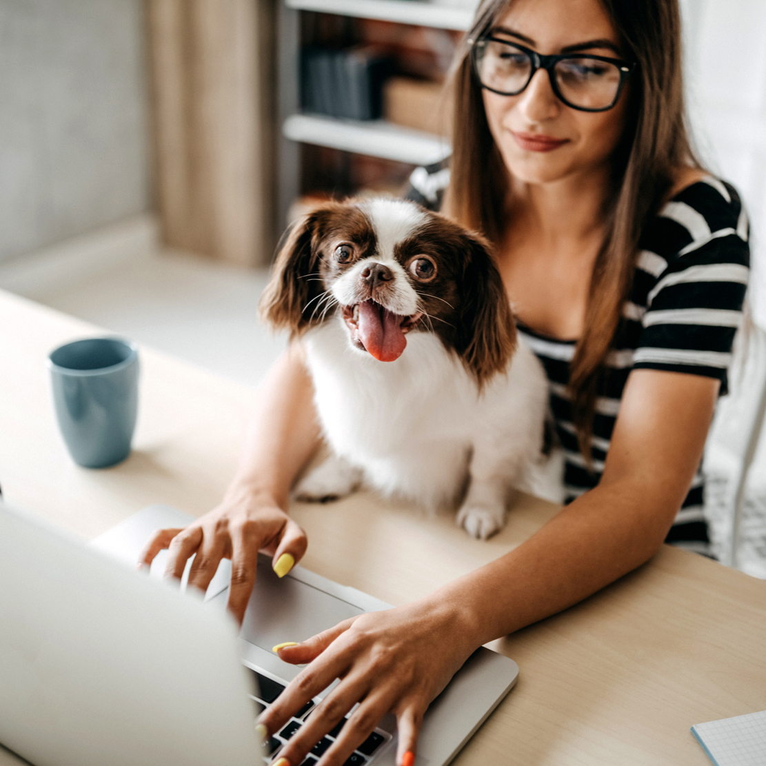 How to Avoid Job Hunt and Apartment Rental Scams_Woman writing notes while holding her dog in her lap
