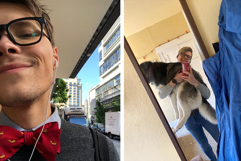 Eric Steffen Employee Spotlight_Eric selfie with bowtie and selfie with dog