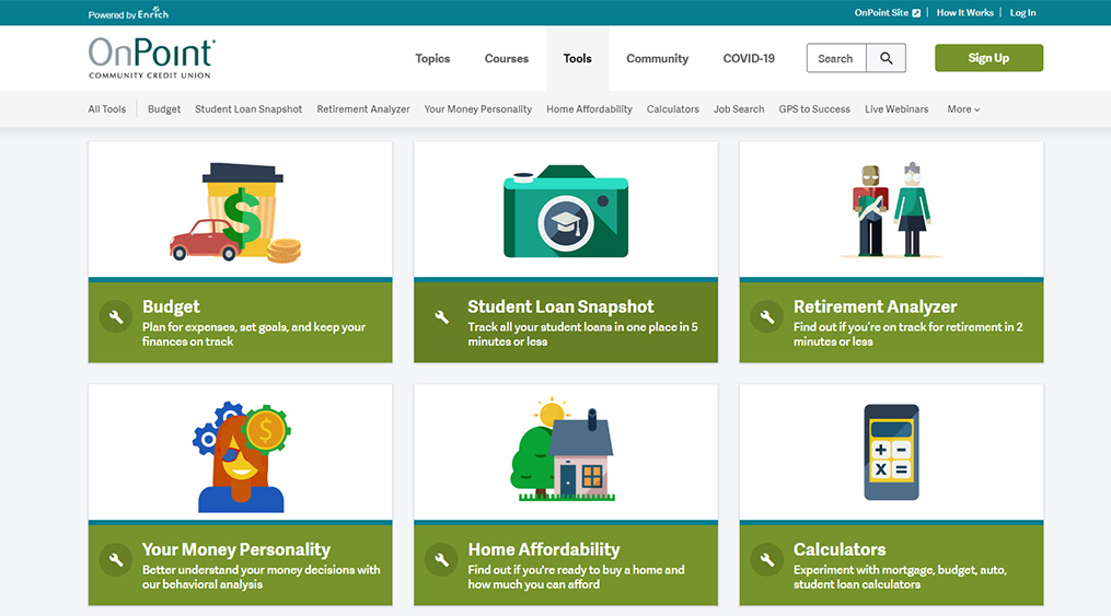 Financial Planning Resources for Home-Bound College Students_Enrich Tools Page Screenshot