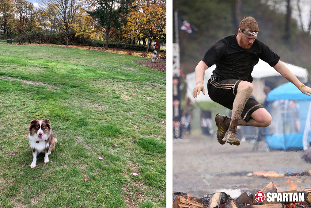 Jeremy DeHut employee spotlight_Jeremy jumping through fire and photo of his dog