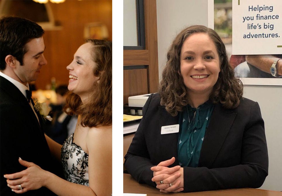 Jessica Ferranti employee spotlight_dual image_dancing at her wedding_sitting at her desk