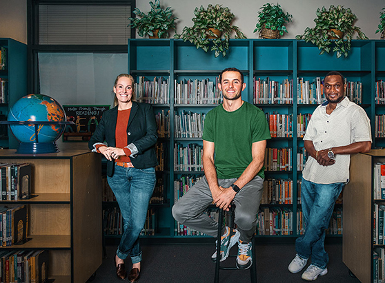 Three 2021 OnPoint Prize for Excellence in Education winners: Addie Lyden, Travis Rooke-Ley, and Lionel Clegg.