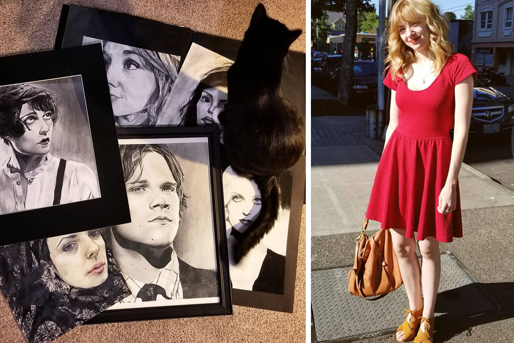 Amanda Dugdale in red dress - her art and her cat