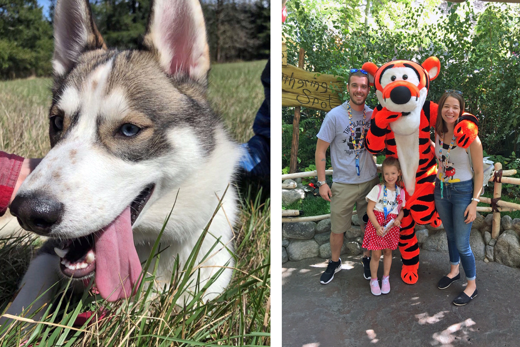 Abbygale with her family at disneyland and a photo of her dog