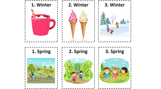 Card cutouts for in class learning depicting seasonal items.