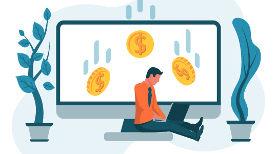 Iconic illustrated image of man working for a laptop. Falling coins as a symbol of income.