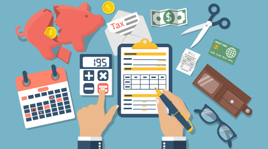 Income statement. Accounting finance. Income money. Men write documents, statement of income. Income statement vector illustration, flat design. Counting profit. Report income. Calculation income.