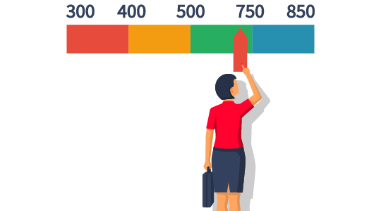 Iconic graphic of woman looking at credit score depicted on a horizontal scale