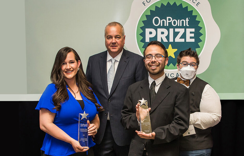 OnPoint Prize Educator of the Year winners, Jennifer Krebs, Emmanuel Aquino and Jesse Bolt with OnPoint CEO, Rob Stuart.