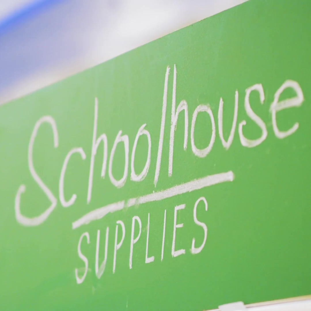 Schoolhouse supplies Celebrity Spelling Bee_Photo of schoolhouse supplies written in chalk on a green chalk board
