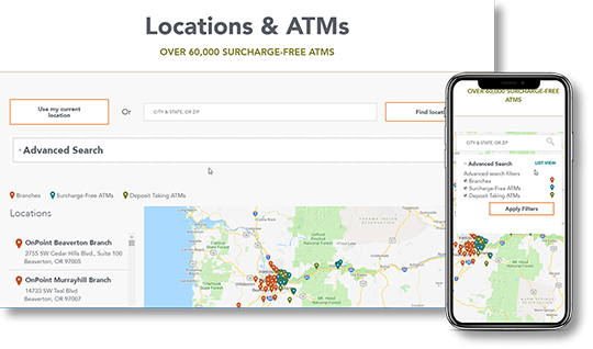 Sample image of locations and atms page on desktop and mobile