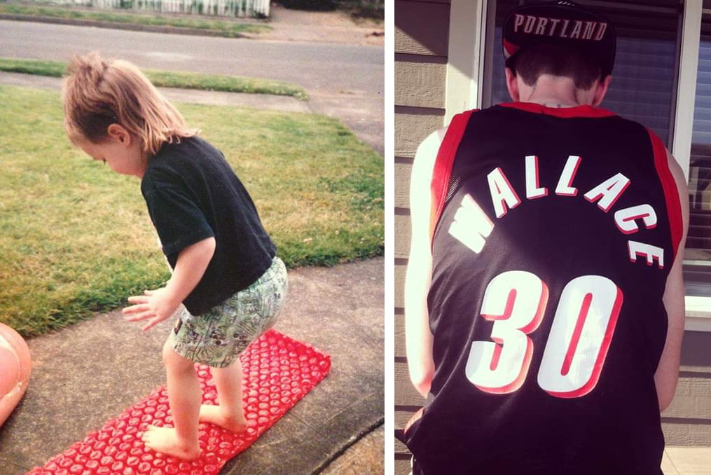 Alex when he was young rocking a Mullet and Alex sporting a Rasheed Wallace Portland Trail Blazers Jersey