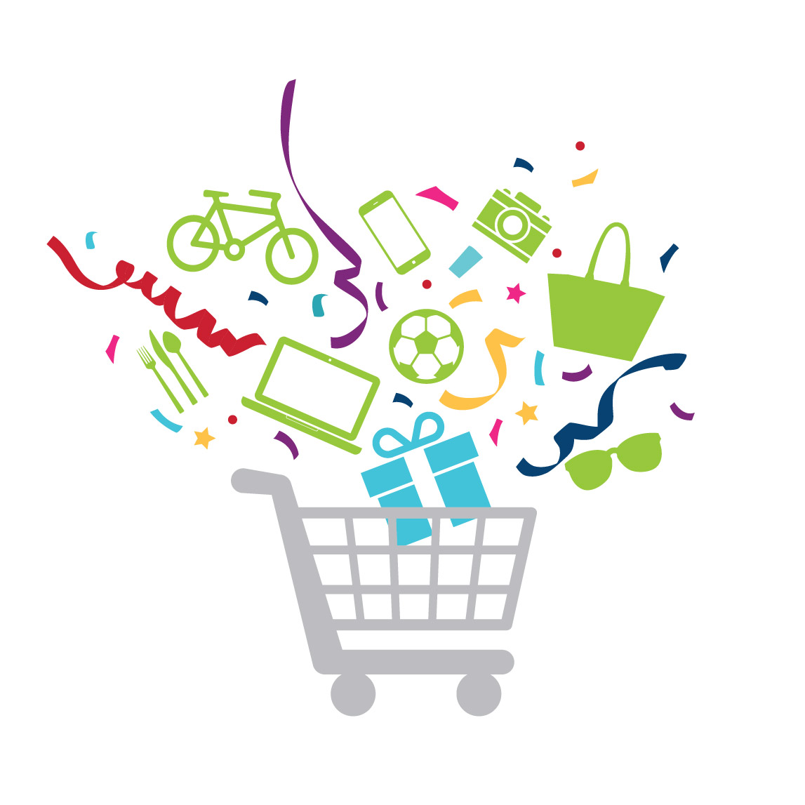 Magic Minute shopping cart illustration with prizes and confetti bursting from the basket