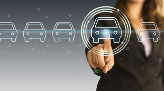 Icons of cars, with one circled and a woman pointing at it.