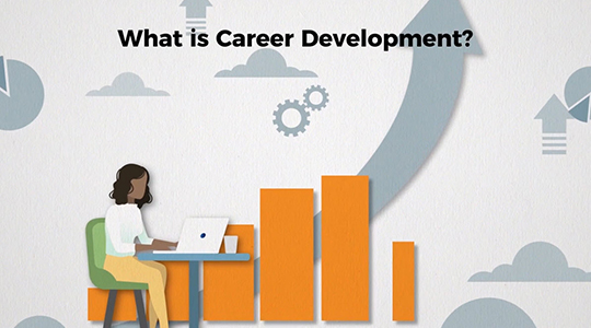 What is Career Development? Illustration of woman at laptop and increasing bar graph and curved up arrow in the background.