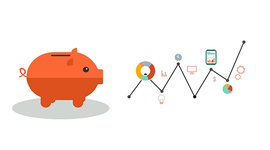 Graphic depicting investment accounts with illustrated piggy bank and line graph