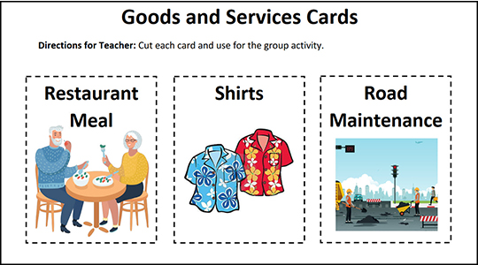 Example image of Goods and Services cards: Restaurant Meal. Shirts. Road Maintenance.