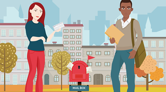 Understanding your paycheck and W2 - illustration of woman and man standing at mail box holding mail or paycheck and file folder