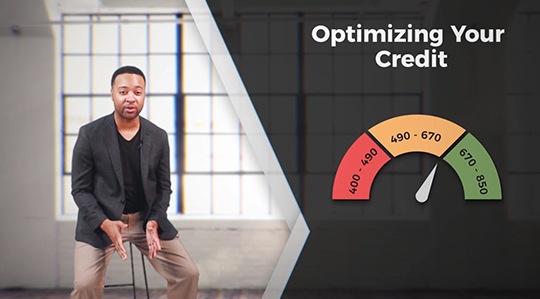 Optimizing your credit. Shows graphic gague with credit score ranges: 400-490, 490-670, 670-850.