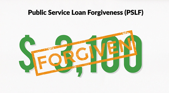 Public Service Loan Forgiveness (PSLF). Graphic of "3,100" and a "FORGIVEN" stamp