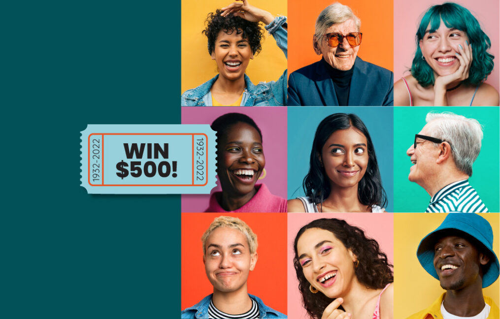 Win $500. Collage of nine happy people.