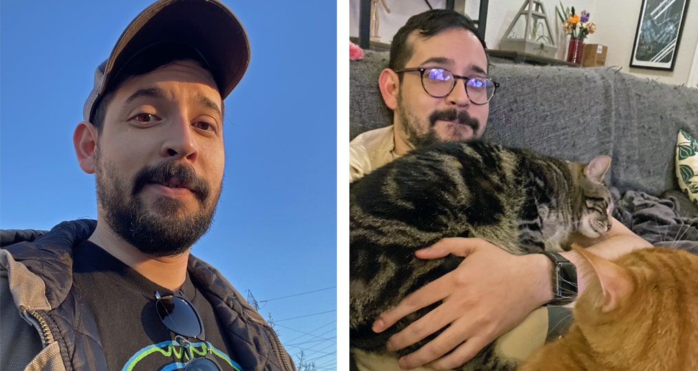 employee spotlight with Orlando Venegas-Orlando selfie and sitting with two cats