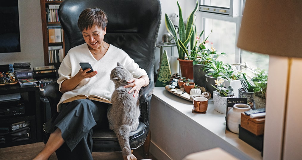 protecting your social security payout-woman sitting in an office chair petting her cat and using her phone