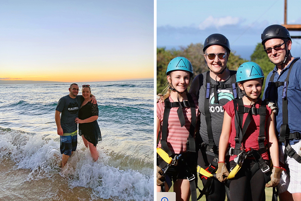 April Weissert employee spotlight_April at the beach with her husband and family photo with her family before using the zipline