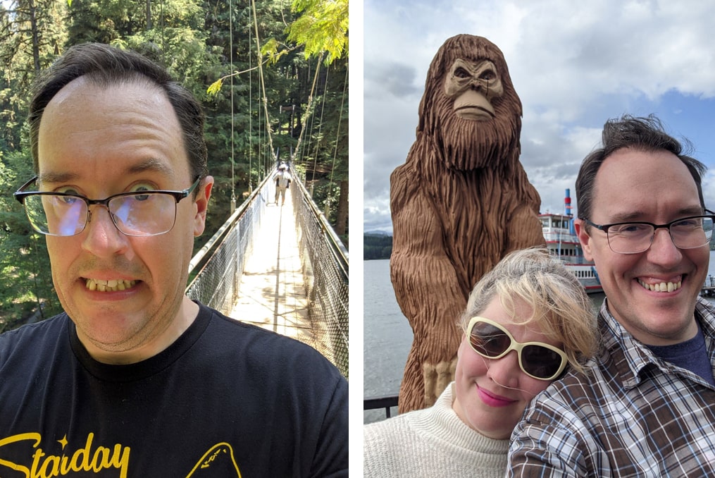 David Biastock crossing a bridge and photo with sasquatch