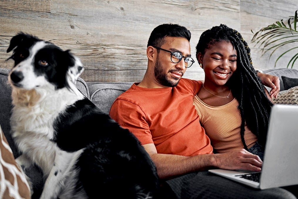 How to prepare your finances for a new pet-couple reviewing budget with their dog on the couch