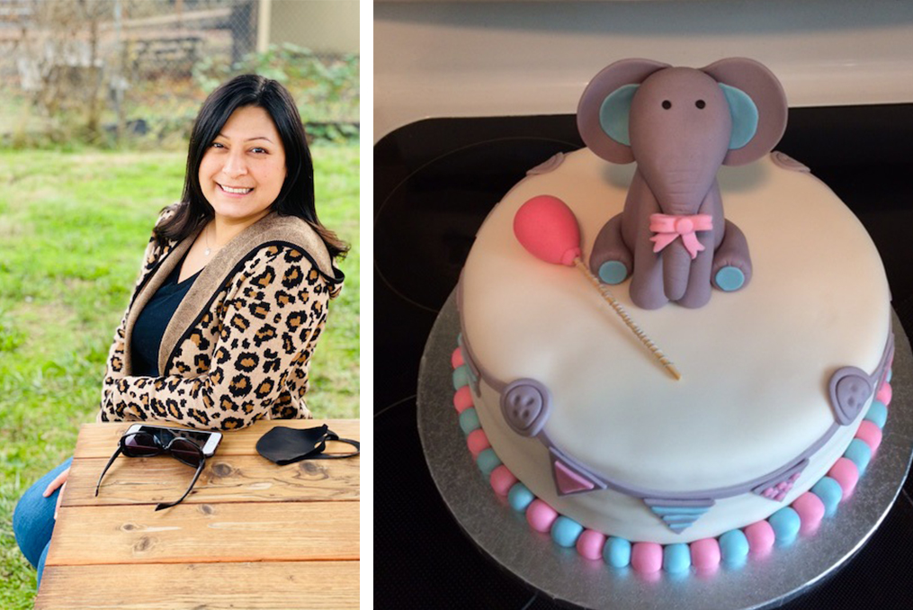 Spotlight Interview with Marlen Mendoza-Marlen sitting at a park bench and photo of a expertly decorated cake with fondent elephant for a baby shower