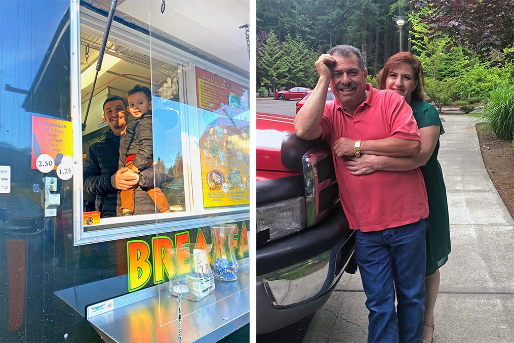 spotlight interview with Maritza Rich-maritza family - brother inside his food cart - parents hugging and smiling together