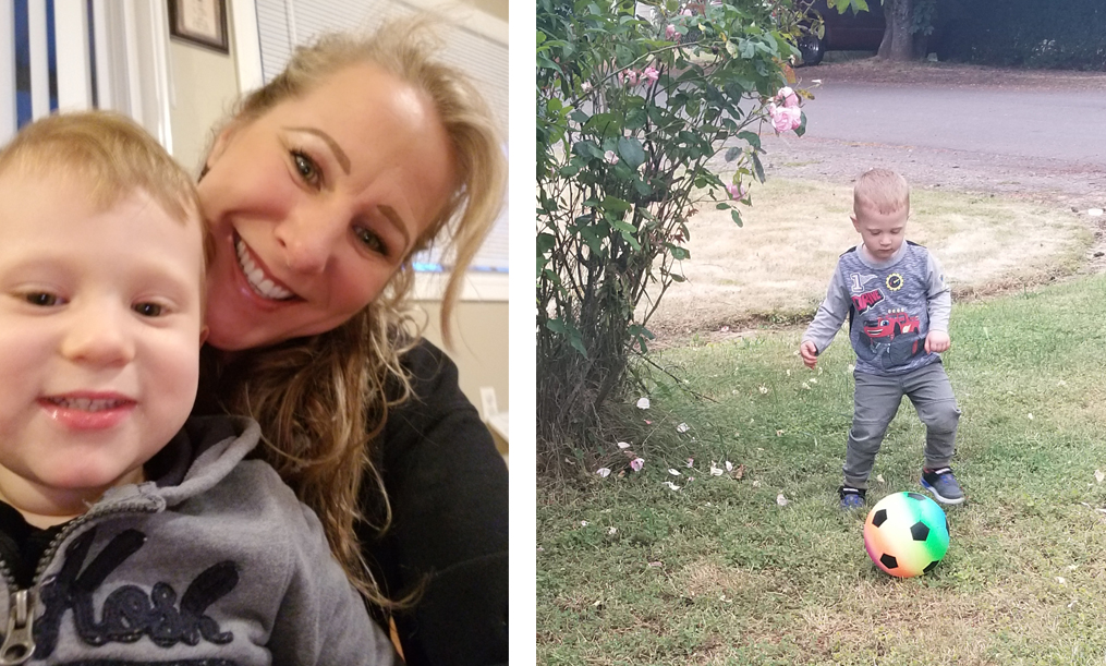 Mary with her grandson and grandson playing soccer