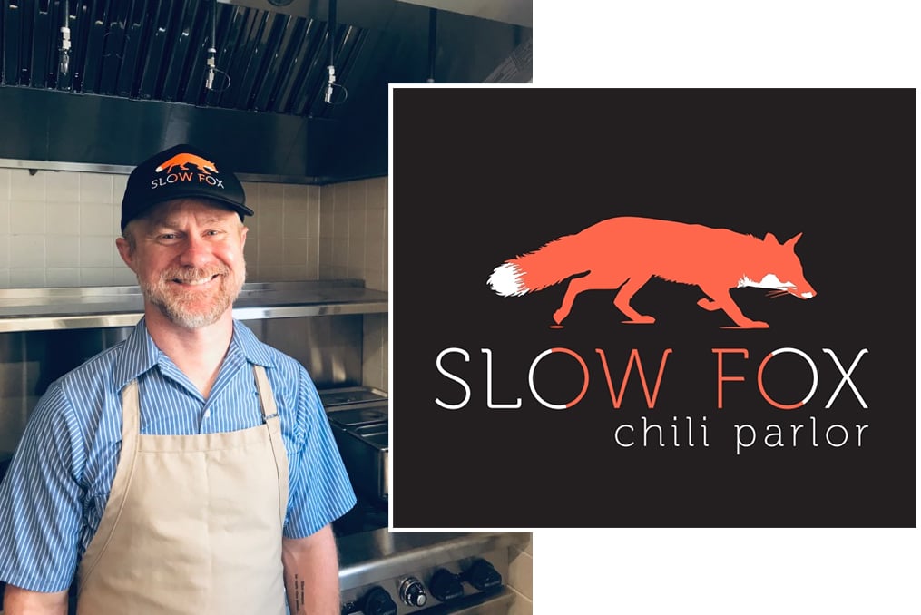 Slow Fox Chili Parlor Business Spotlight_Derek Saner in kitchen and Slow Fox logo