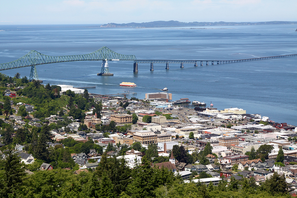 aerial view of downtown Astoria Oregon coast and bridge