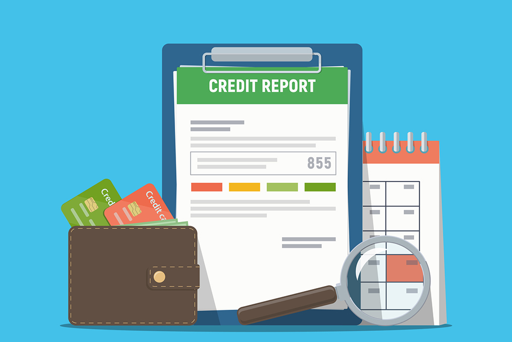 animated graphic of a credit report credit cards and a calendar