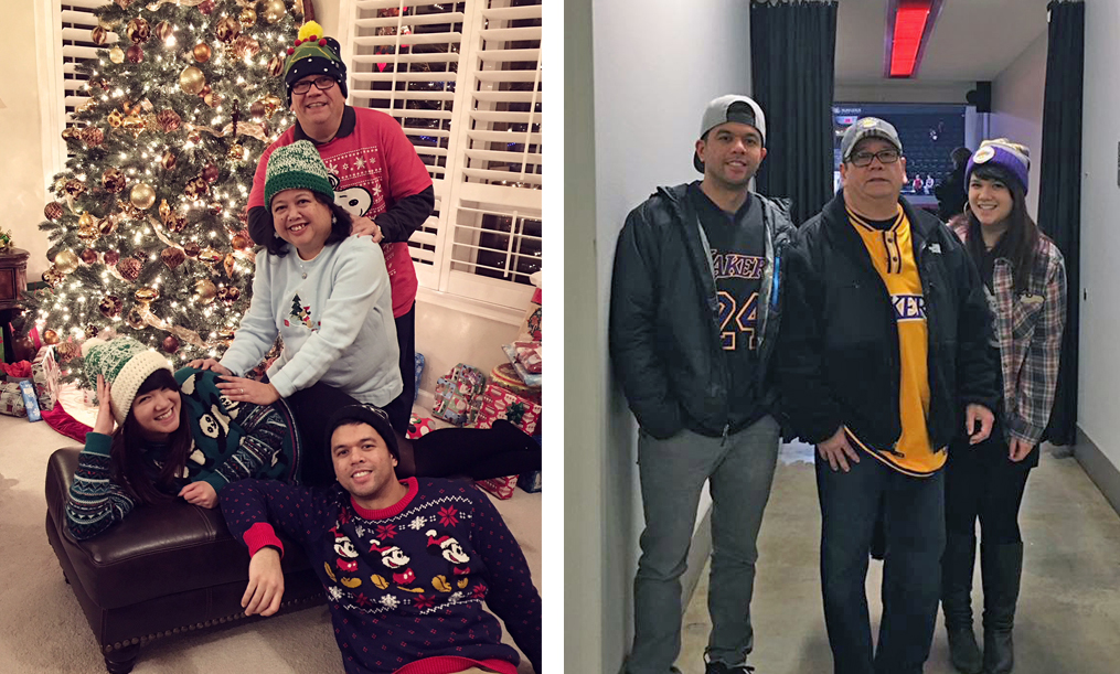 family at christmas time and supporting the lakers at the moda center