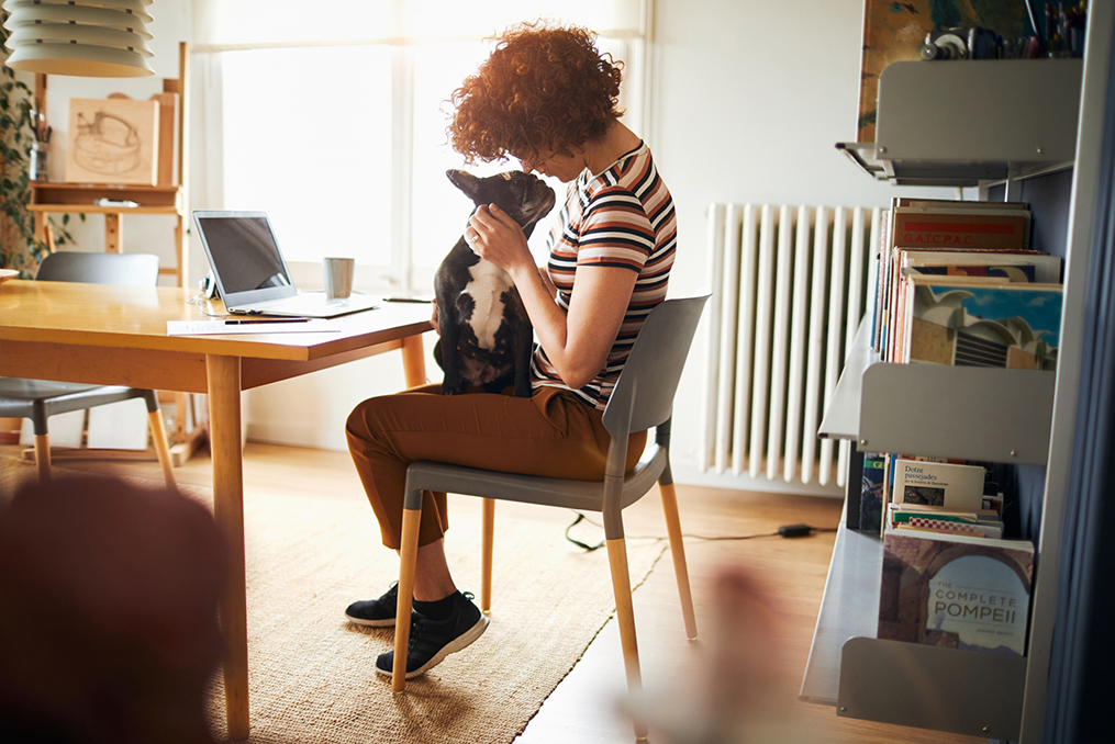 young woman sitting at her desk looking in her small black dogs face