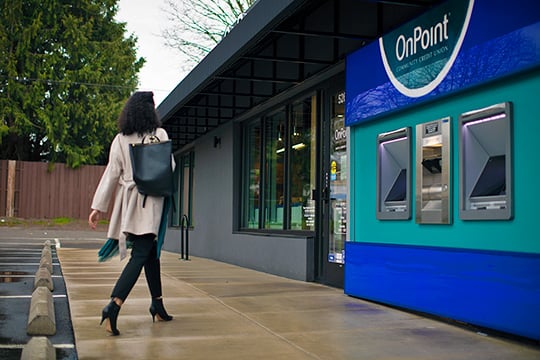 woman approaching OnPoint branch and ATM