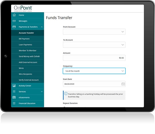 External Payments using Funds Transfer screen from Digital Banking on iPad