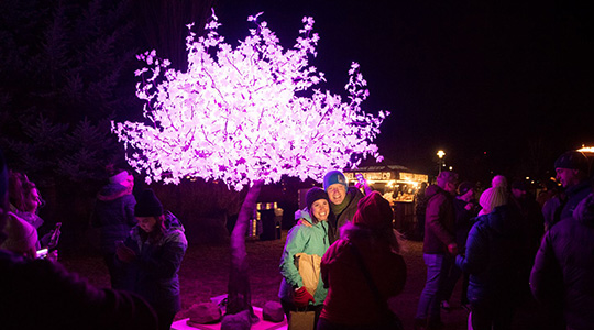 2022 Winterfest event attendees in front of a sparkle tree