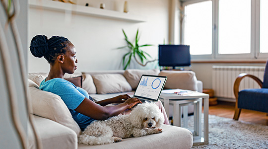 woman on couch sending a wire in digital banking with dog on the armrest